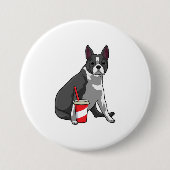 Boston Terrier met Drink Ronde Button 7,6 Cm (Voorkant)