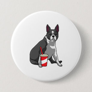 Boston Terrier met Drink Ronde Button 7,6 Cm