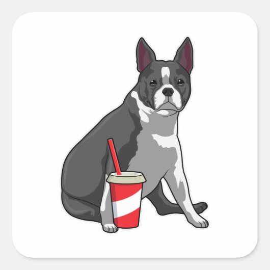 Boston Terrier met Drink Vierkante Sticker (Voorkant)