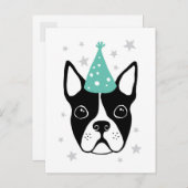 Boston terrier met feesthoed Happy Birthday kaart (Voorkant / Achterkant)