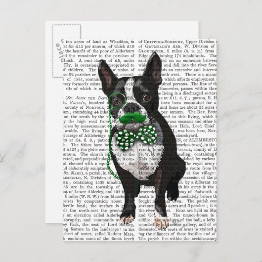 Boston Terrier met Green Mustache en Spotty Briefkaart (Voorkant / Achterkant)
