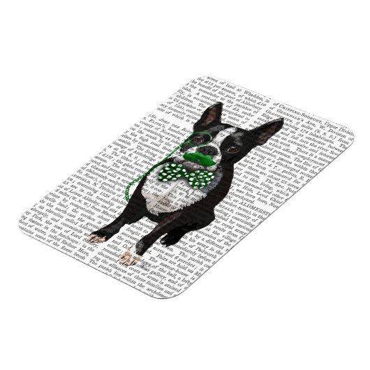Boston Terrier met Green Mustache en Spotty Magneet (Linkerzijde)