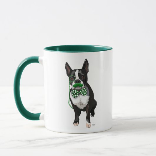 Boston Terrier met Green Mustache en Spotty Mok (Links)