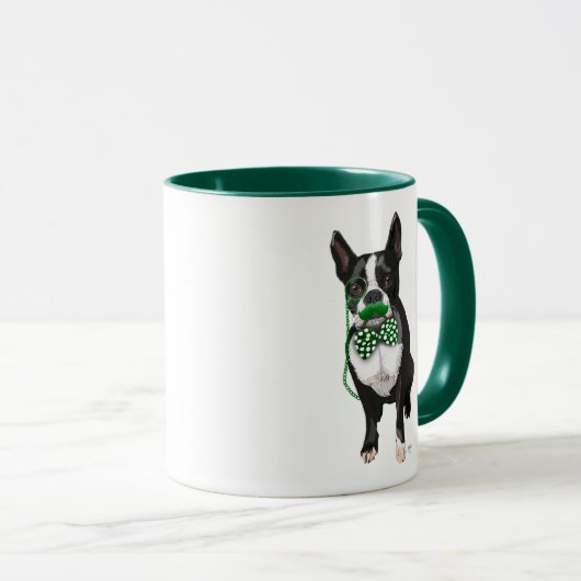 Boston Terrier met Green Mustache en Spotty Mok (Voorkant rechts)