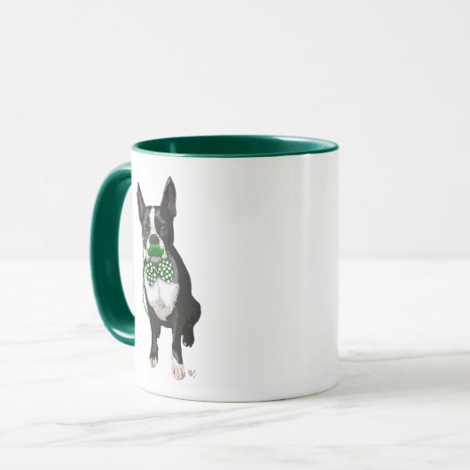 Boston Terrier met Green Mustache en Spotty Mok (Voorkant links)