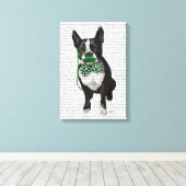 Boston Terrier met Green Mustache & Spoted Stropda Canvas Afdruk (Insitu (Houten vloer))