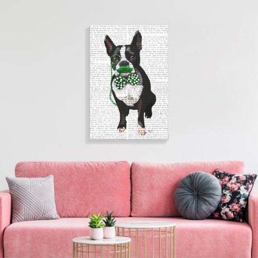 Boston Terrier met Green Mustache & Spoted Stropda Canvas Afdruk (Insitu (Woonkamer))