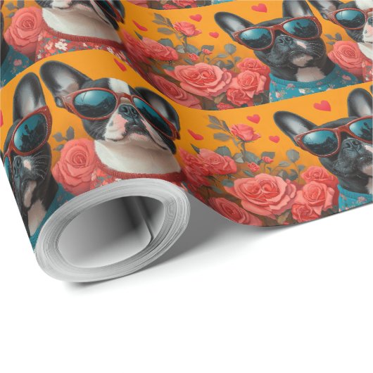 Boston Terrier met hart Rozen Valentijnsdag Cadeaupapier (Rol Hoek)