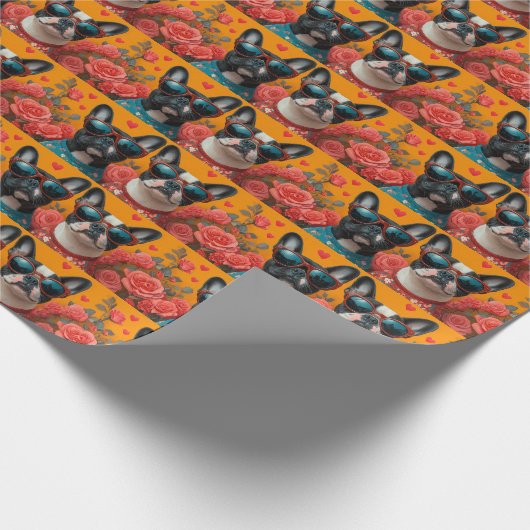 Boston Terrier met hart Rozen Valentijnsdag Cadeaupapier (Hoek)