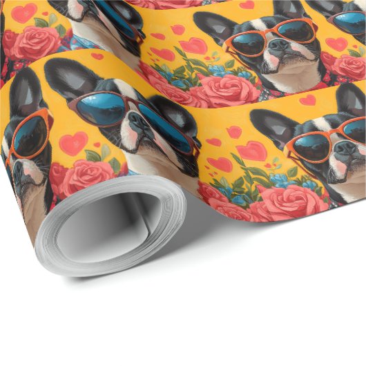 Boston Terrier met hart Rozen Valentijnsdag Cadeaupapier (Rol Hoek)