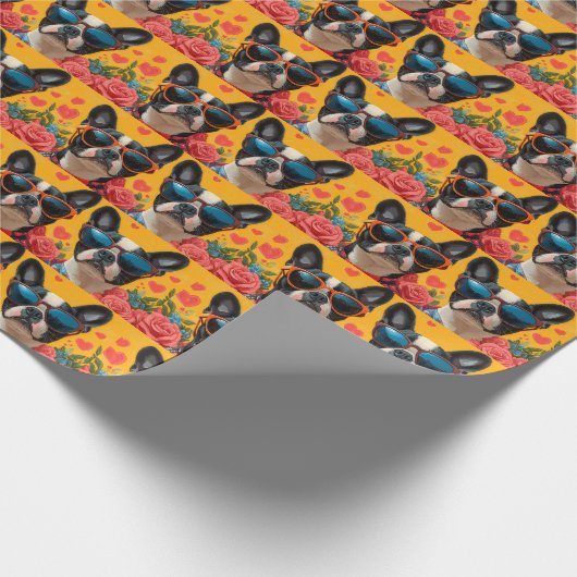 Boston Terrier met hart Rozen Valentijnsdag Cadeaupapier (Hoek)