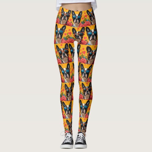 Boston Terrier Met Hartrozen Valentijnsdag Leggings (Voorkant)