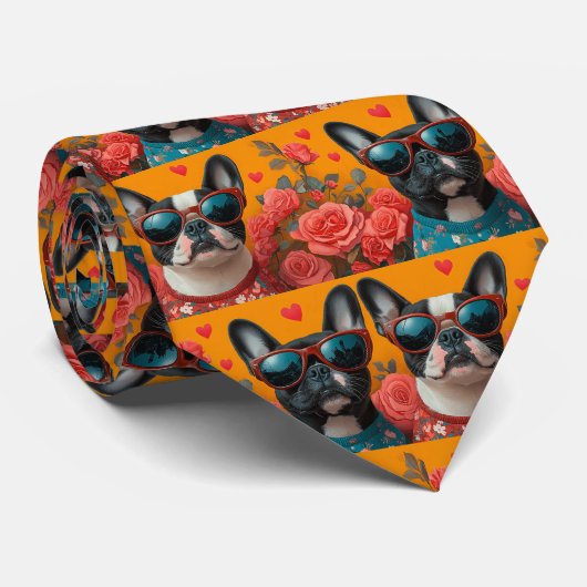 Boston Terrier Met Hartrozen Valentijnsdag Stropdas (Opgerold)