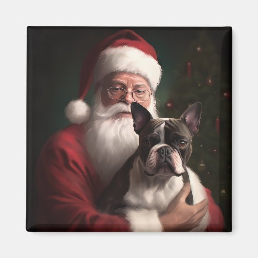 Boston Terrier met Kerstman Festieve Kerstmis Magneet (Voorkant)