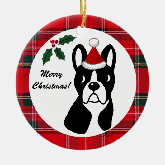 Boston Terrier met kerstmis Cartoon Tartan Keramisch Ornament (Voorkant)