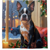 Boston Terrier met kerstverlichting vakantie Douchegordijn (Voorkant)