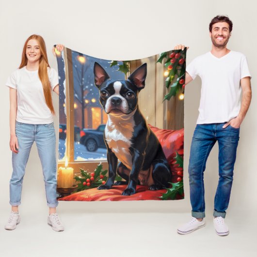 Boston Terrier met kerstverlichting vakantie Fleece Deken (In situ)