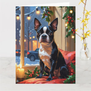 Boston Terrier met kerstverlichting vakantie Kaart
