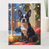 Boston Terrier met kerstverlichting vakantie Kaart (Voorkant)