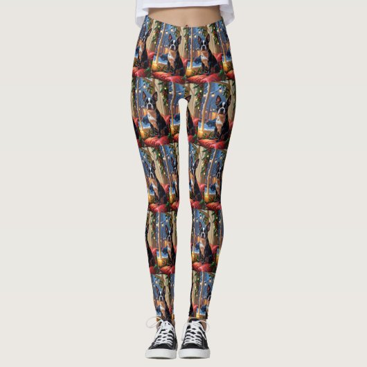 Boston Terrier met kerstverlichting vakantie Leggings (Voorkant)