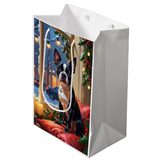 Boston Terrier met kerstverlichting vakantie Medium Cadeauzakje (Voorkant Gekanteld)