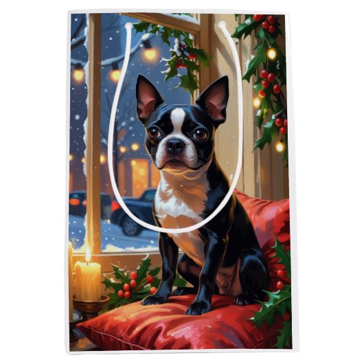 Boston Terrier met kerstverlichting vakantie Medium Cadeauzakje (Voorkant)