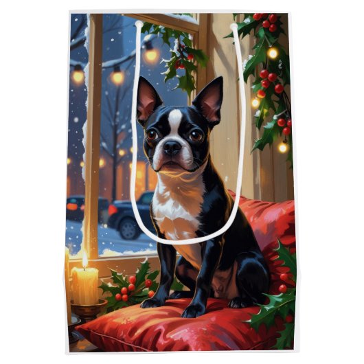 Boston Terrier met kerstverlichting vakantie Medium Cadeauzakje (Achterkant)