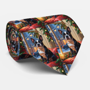 Boston Terrier met kerstverlichting vakantie Stropdas