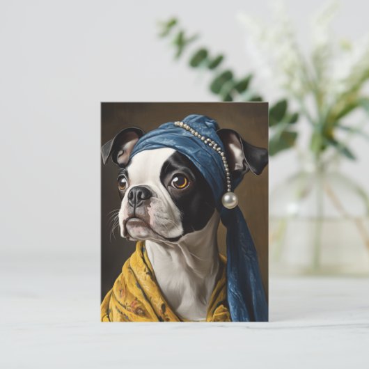 Boston Terrier met parel Earring Fine Art Parodie Briefkaart (Staand voorkant)