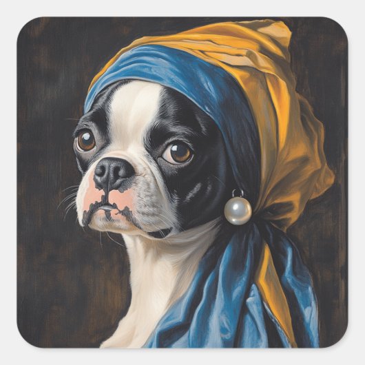 Boston Terrier met parodie op Pearl Earring Vierkante Sticker (Voorkant)