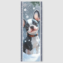 Boston Terrier met rode halsband in sneeuw
