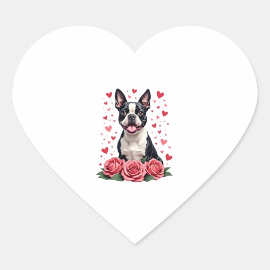 Boston Terrier met Rode Rozen Harten Valentijnsdag Hart Sticker (Voorkant)