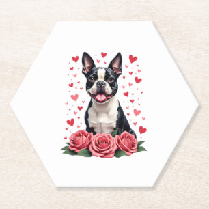Boston Terrier met Rode Rozen Harten Valentijnsdag Kartonnen Onderzetters