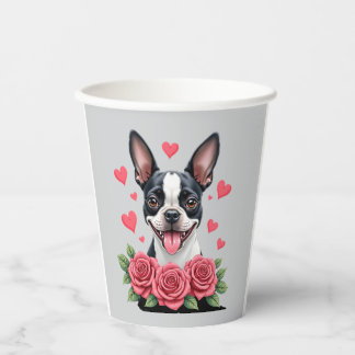Boston Terrier met Rode Rozen Harten Valentijnsdag Papieren Bekers