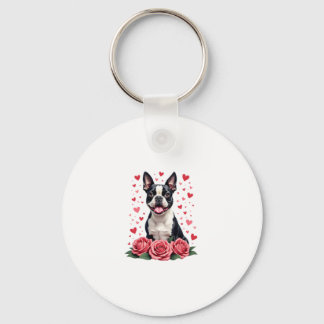 Boston Terrier met Rode Rozen Harten Valentijnsdag Sleutelhanger