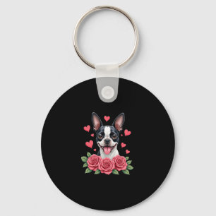 Boston Terrier met Rode Rozen Harten Valentijnsdag Sleutelhanger