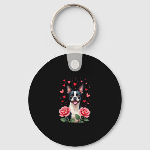 Boston Terrier met Rode Rozen Harten Valentijnsdag Sleutelhanger