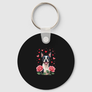 Boston Terrier met Rode Rozen Harten Valentijnsdag Sleutelhanger
