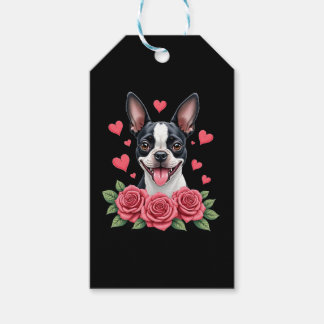 Boston Terrier met Rode Rozen Hartjes Valentijnsda Cadeaulabel