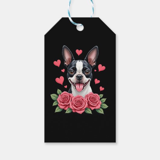 Boston Terrier met Rode Rozen Hartjes Valentijnsda Cadeaulabel (Voorkant)