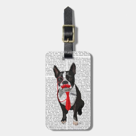 Boston Terrier met rood Stropdas en snor 2 Bagagelabel (Voorkant verticaal)