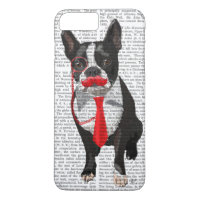 Boston Terrier met rood Stropdas en snor 2