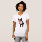 Boston Terrier met rood Stropdas en snor 2 T-shirt (Voorkant volledig)