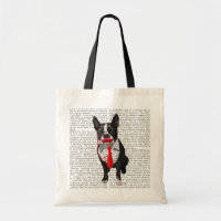 Boston Terrier met rood Stropdas en snor 2