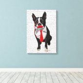 Boston Terrier met rood Stropdas en snor Canvas Afdruk (Insitu (Houten vloer))