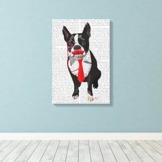 Boston Terrier met rood Stropdas en snor Canvas Afdruk (Insitu (Houten vloer))