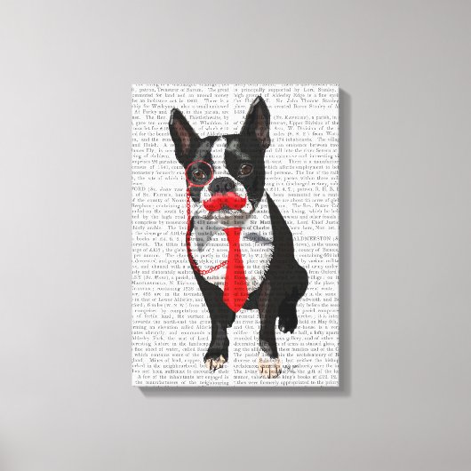 Boston Terrier met rood Stropdas en snor Canvas Afdruk (Voorkant)