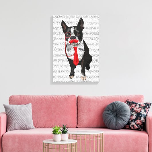 Boston Terrier met rood Stropdas en snor Canvas Afdruk (Insitu (Woonkamer))