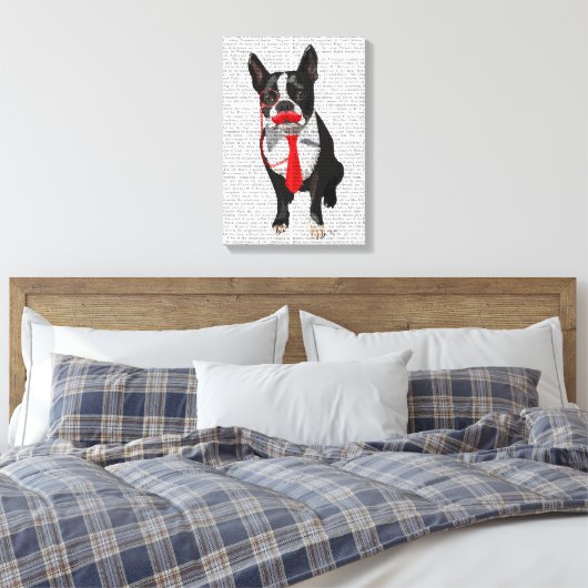 Boston Terrier met rood Stropdas en snor Canvas Afdruk (Insitu (Slaapkamer))