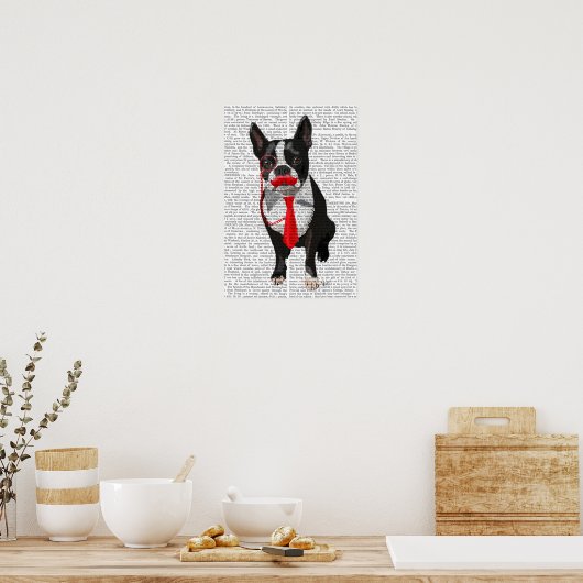 Boston Terrier met rood Stropdas en snor Poster (Keuken)